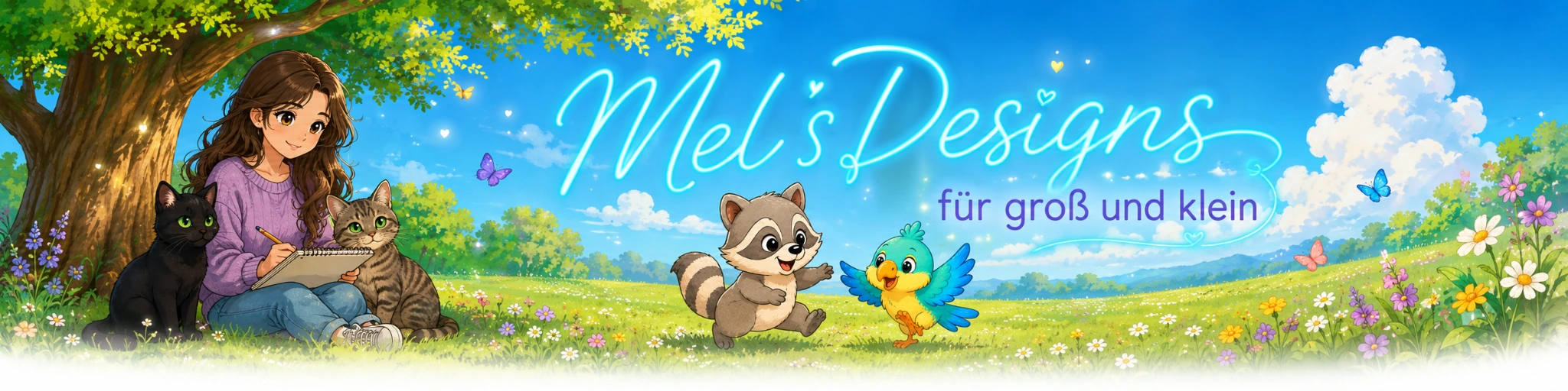 Illustration einer Zeichnerin mit Katzen auf einer Frühlingswiese – Kreative Webdesigns mit Herz